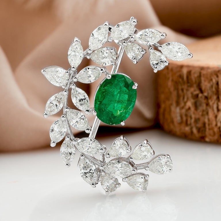 Modern Oval Zambian Emerald Gemstone Brooch Pendant Necklace 18k White Gold Diamond For Sale