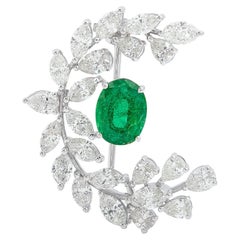 Oval Zambian Emerald Gemstone Brooch Pendant Necklace 18k White Gold Diamond