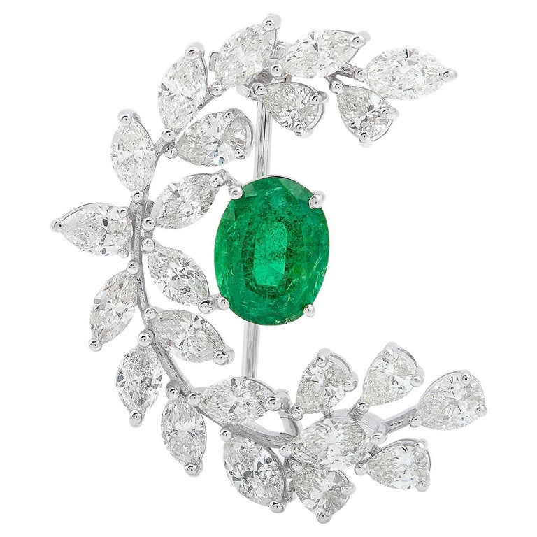 Oval Zambian Emerald Gemstone Brooch Pendant Necklace 18k White Gold Diamond For Sale