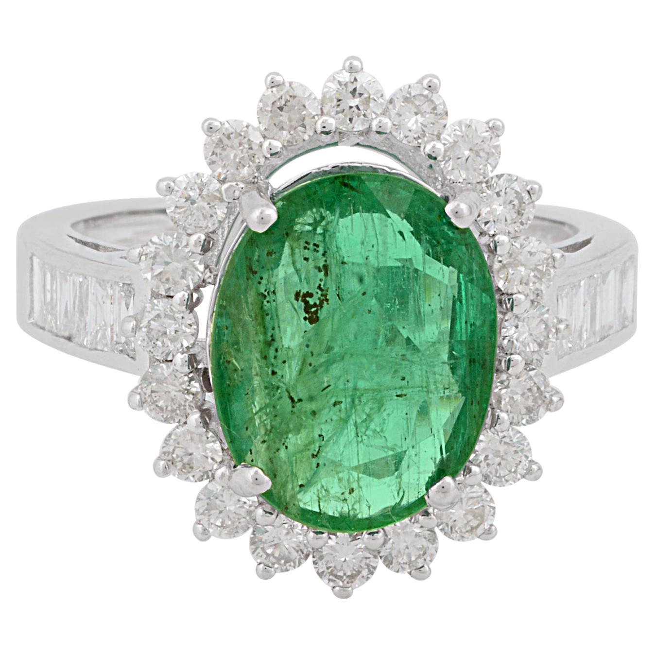 Oval Natural Emerald Gemstone Cocktail Ring Diamond 10 Karat White Gold Jewelry