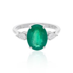 Oval Zambian Emerald Gemstone Cocktail Ring Diamond 14 Karat White Gold Jewelry
