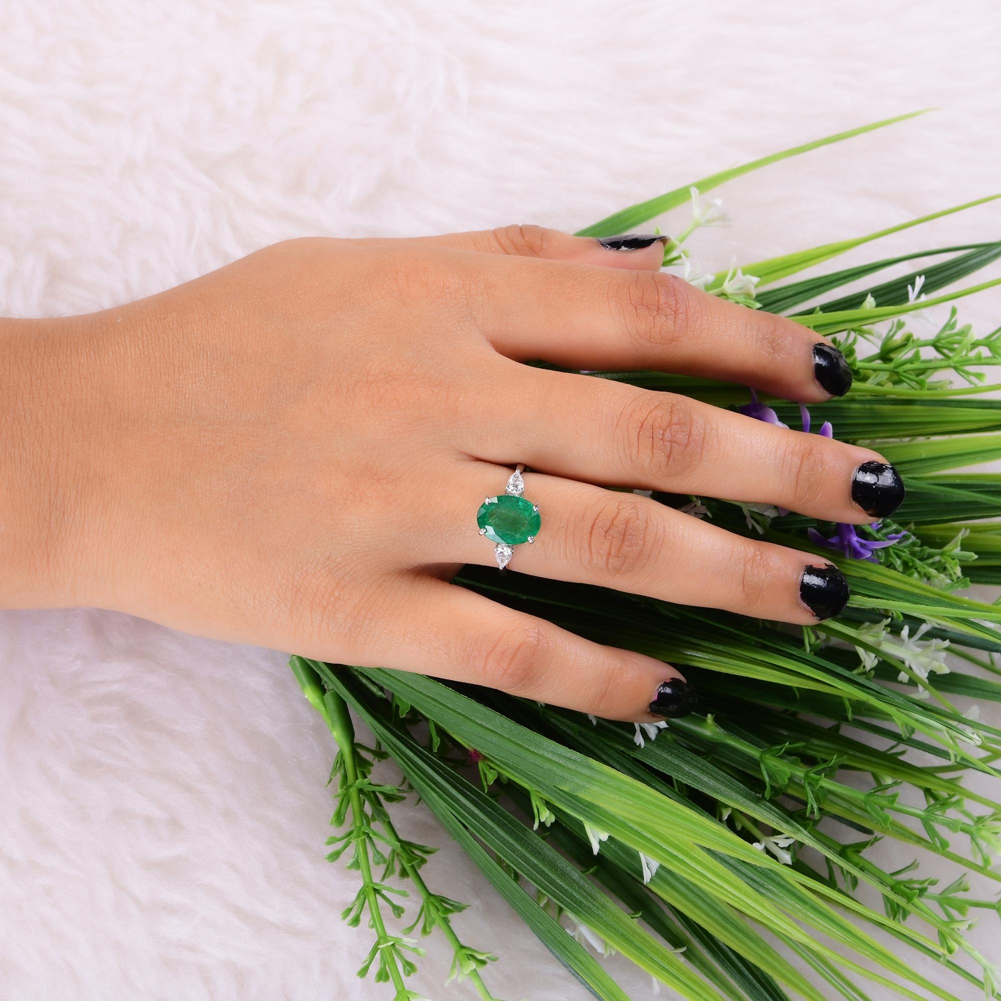Modern Oval Zambian Emerald Gemstone Cocktail Ring Diamond 14 Karat White Gold Jewelry For Sale