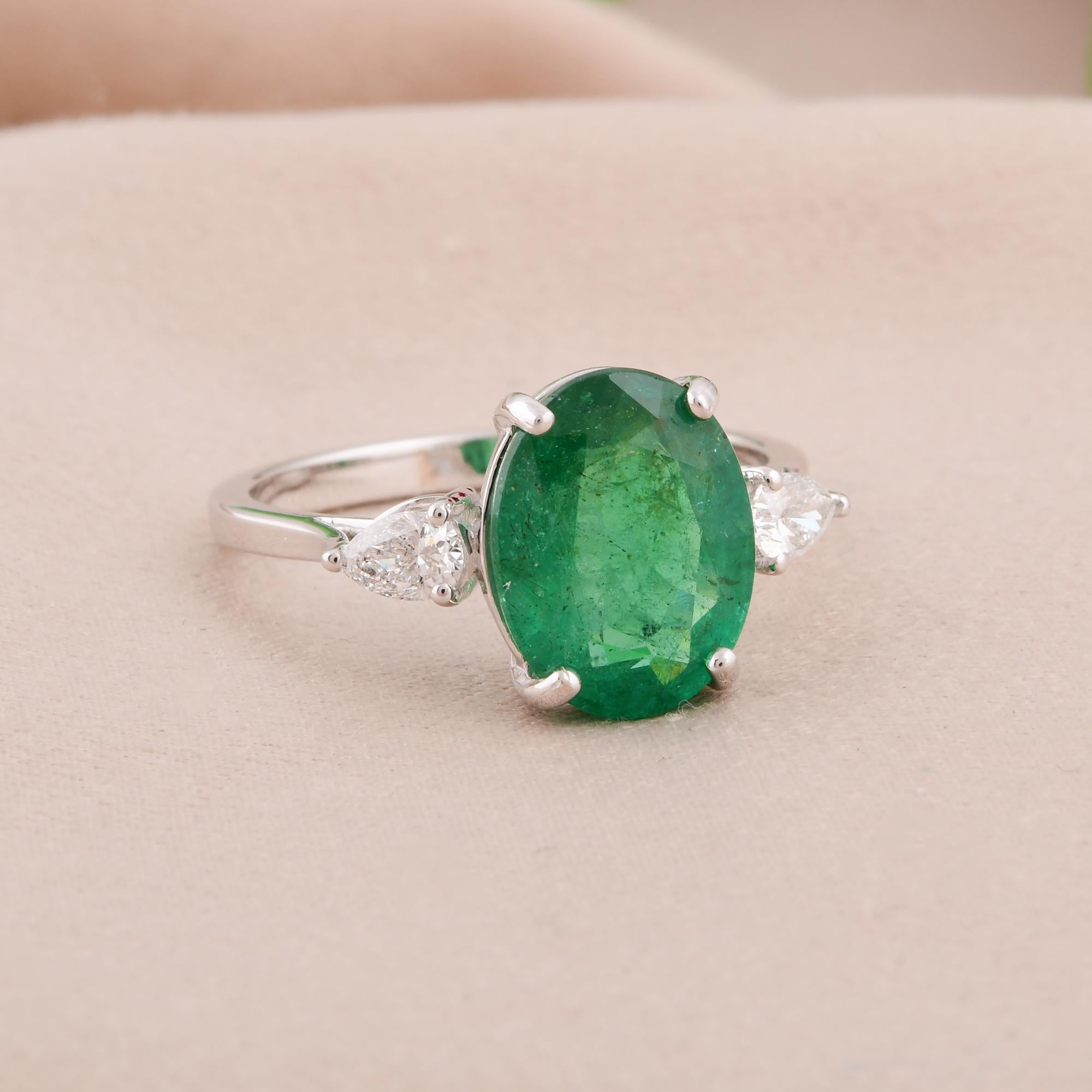Oval Cut Oval Zambian Emerald Gemstone Cocktail Ring Diamond 14 Karat White Gold Jewelry For Sale