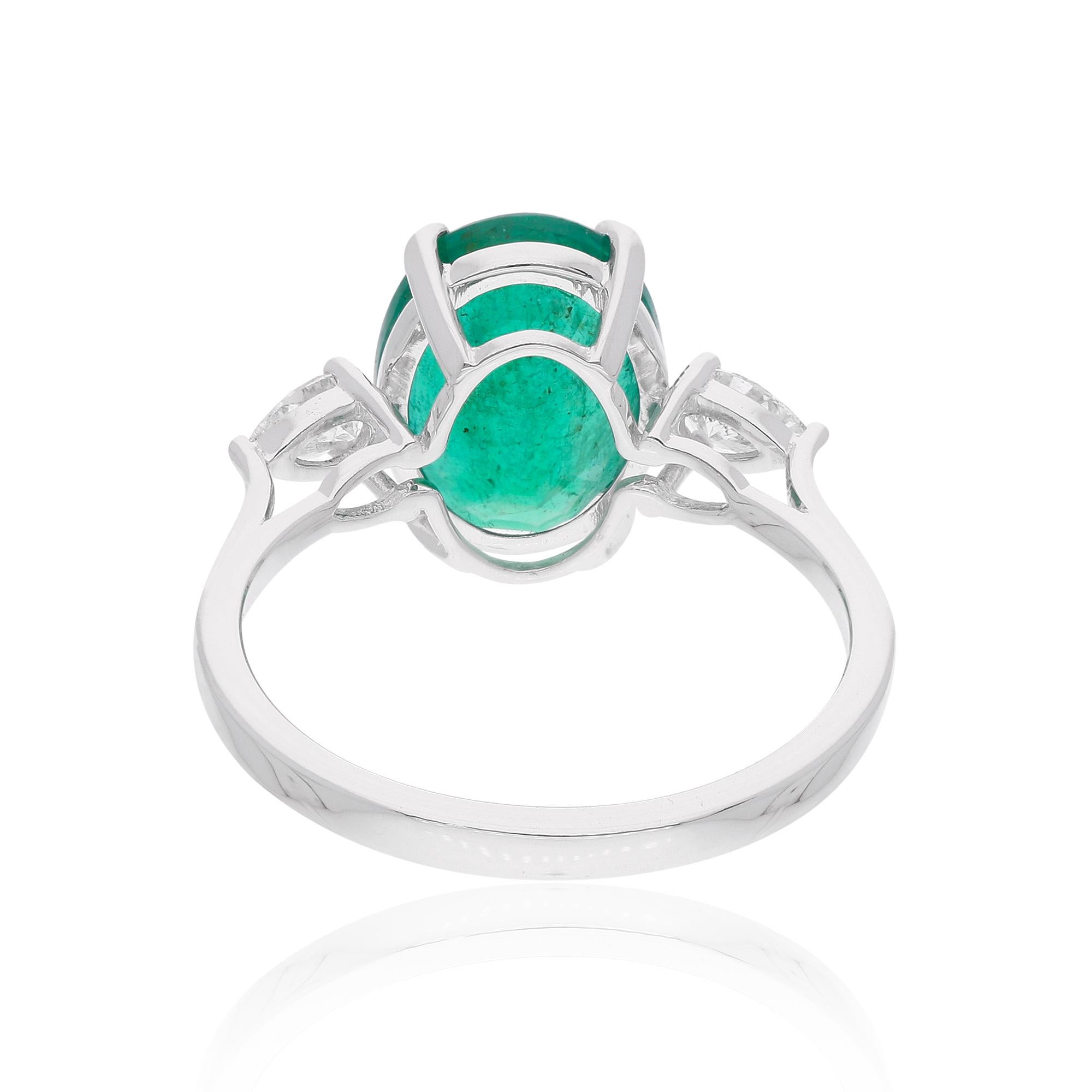 Women's Oval Zambian Emerald Gemstone Cocktail Ring Diamond 14 Karat White Gold Jewelry For Sale
