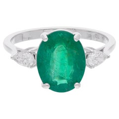 Oval Zambian Emerald Gemstone Cocktail Ring Diamond 14 Karat White Gold Jewelry