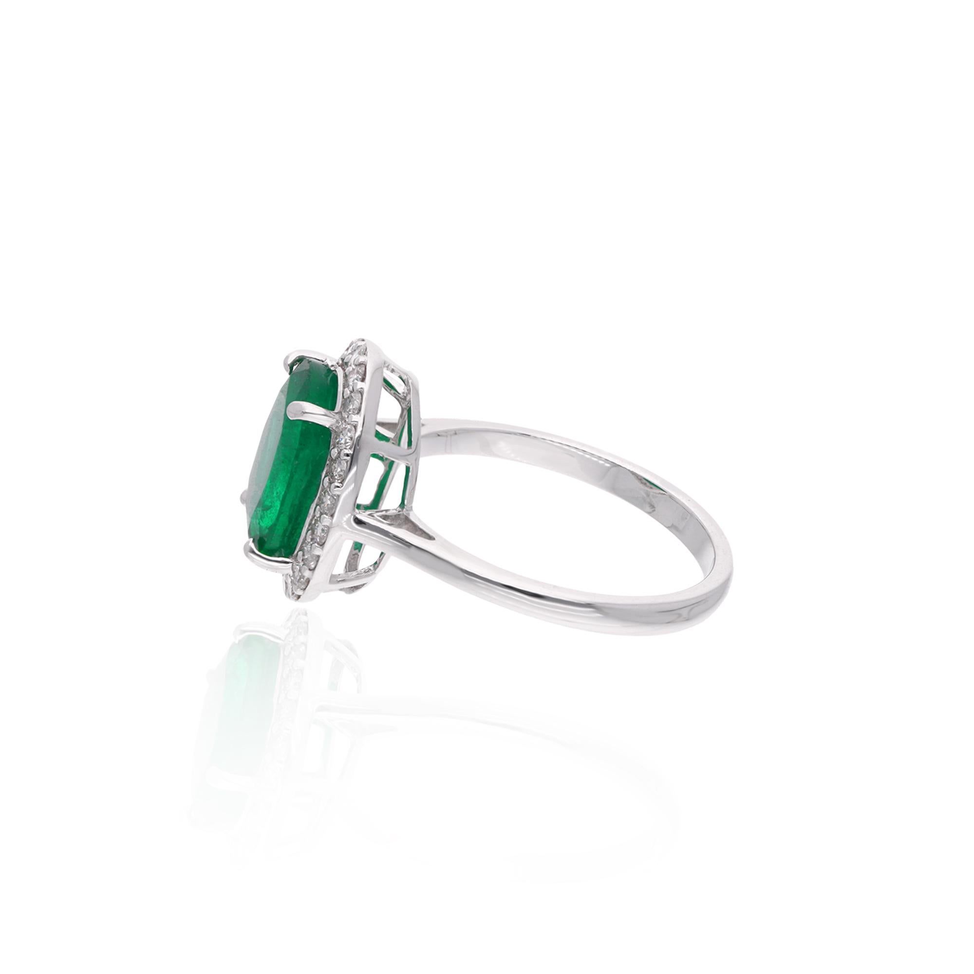 Modern Oval Zambian Emerald Gemstone Cocktail Ring Diamond 18 Karat White Gold Jewelry For Sale
