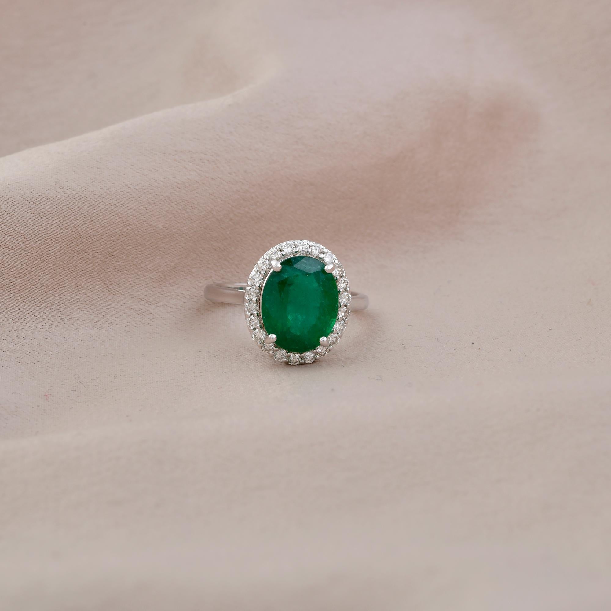 Oval Cut Oval Zambian Emerald Gemstone Cocktail Ring Diamond 18 Karat White Gold Jewelry For Sale