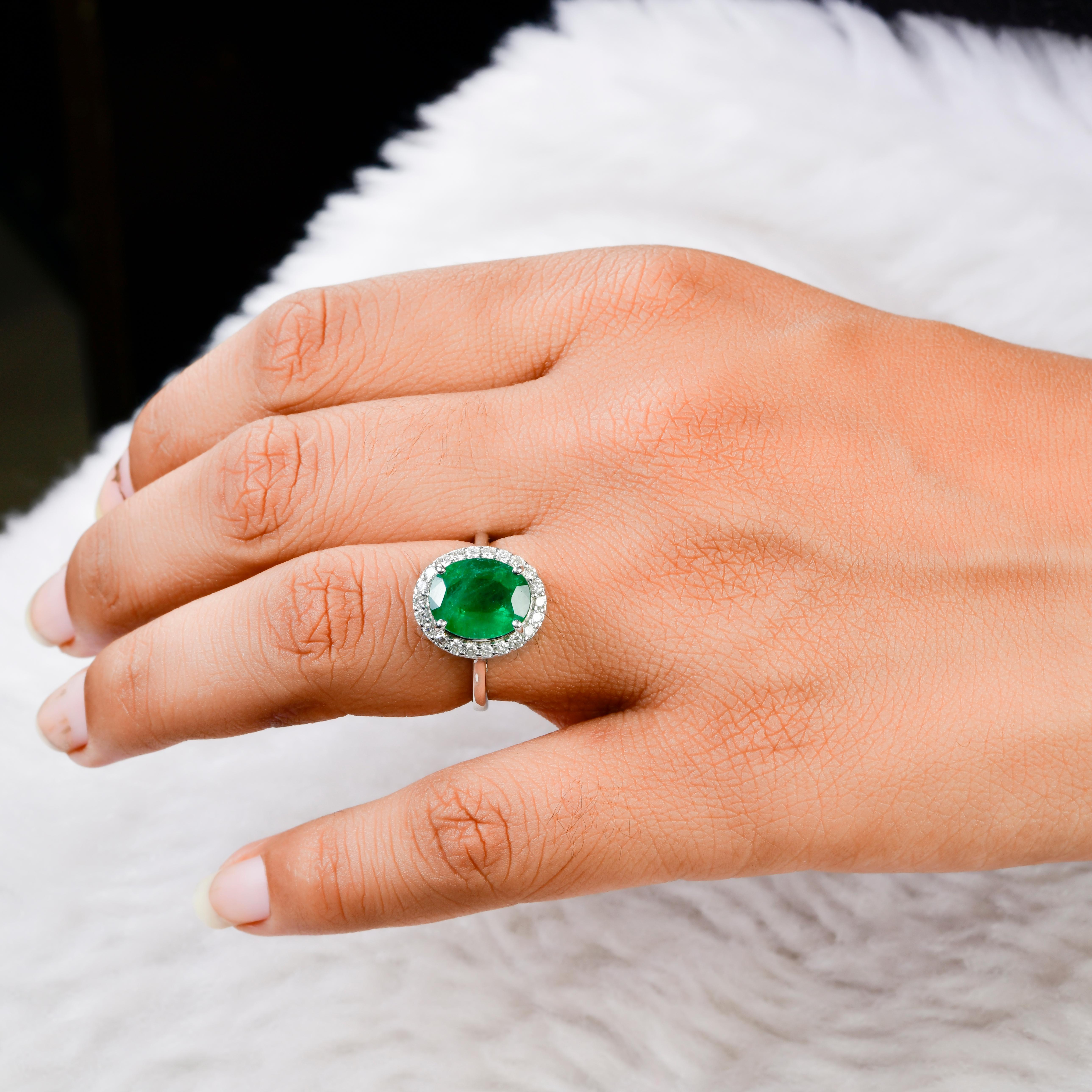 Women's Oval Zambian Emerald Gemstone Cocktail Ring Diamond 18 Karat White Gold Jewelry For Sale