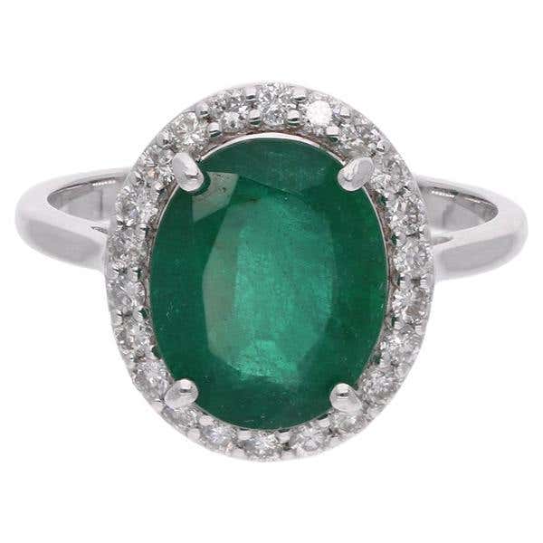 White Gold Oval Zambian Emerald and Diamond Cocktail Ring For Sale at ...