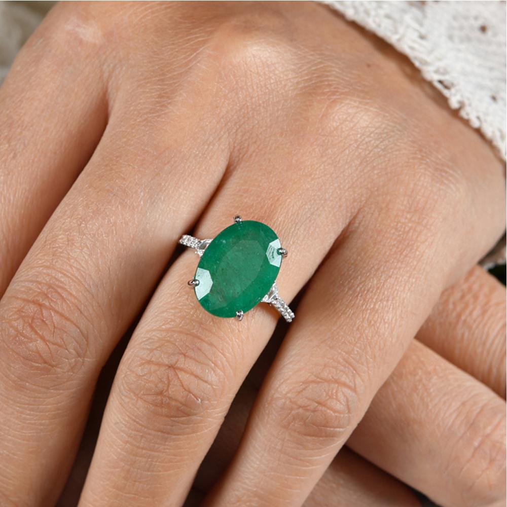 Oval Cut Oval Zambian Emerald Gemstone Cocktail Ring Diamond Pave 18 Karat White Gold For Sale