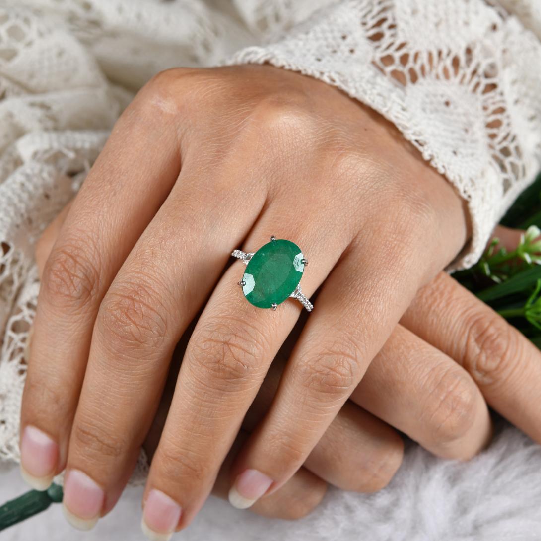 Women's Oval Zambian Emerald Gemstone Cocktail Ring Diamond Pave 18 Karat White Gold For Sale