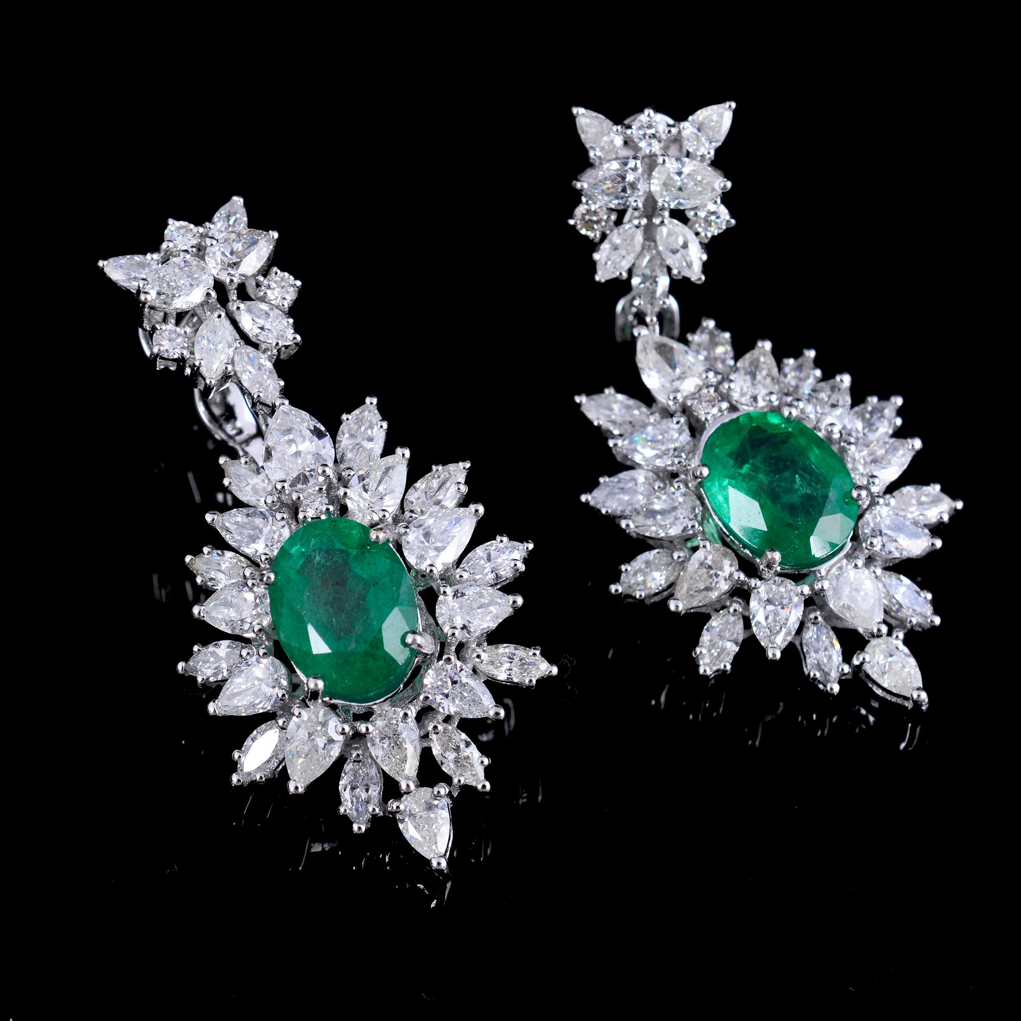 Modern Natural Oval Emerald Gemstone Dangle Earrings Diamond 14k White Gold Jewelry For Sale