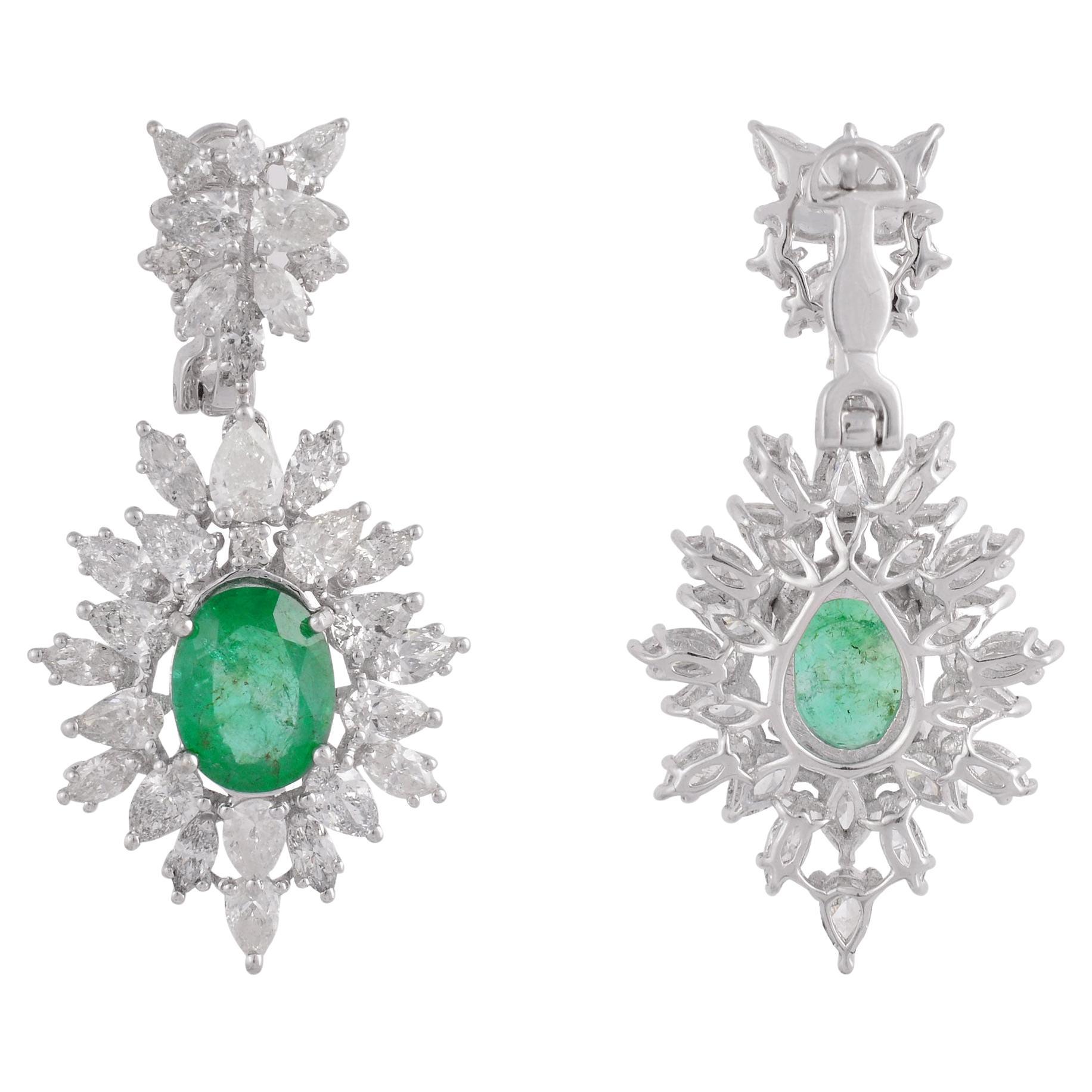 Natural Oval Emerald Gemstone Dangle Earrings Diamond 14k White Gold Jewelry