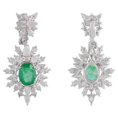 Oval Zambian Emerald Gemstone Dangle Earrings Diamond 14k White Gold Jewelry