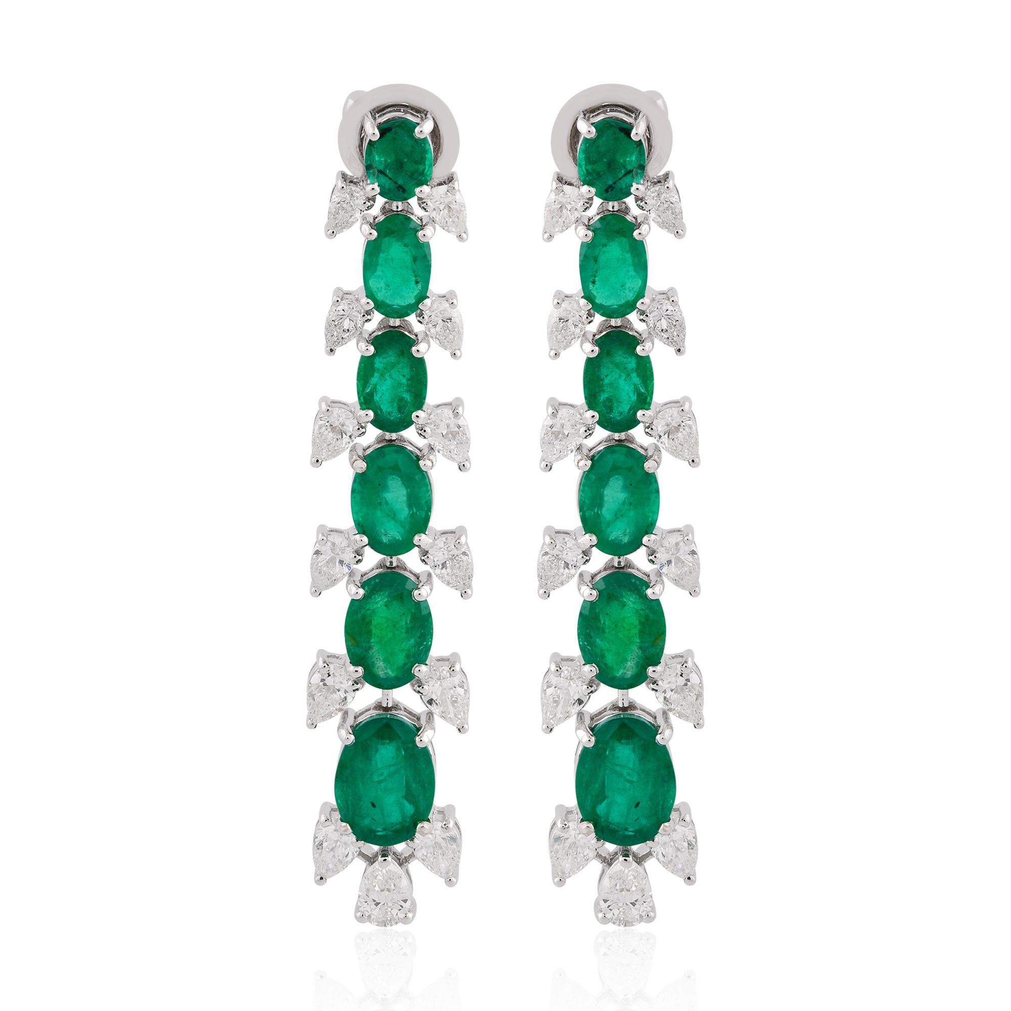 Item Code :- SEE-12397
Gross Wt. :- 11.34 gm
18k Solid White Gold Wt. :- 9.27 gm
Natural Diamond Wt. :- 2.70 Ct. ( AVERAGE DIAMOND CLARITY SI1-SI2 & COLOR H-I )
Zambian Emerald Wt. :- 7.65 Ct.
Earrings Size :- 50 mm approx.

✦