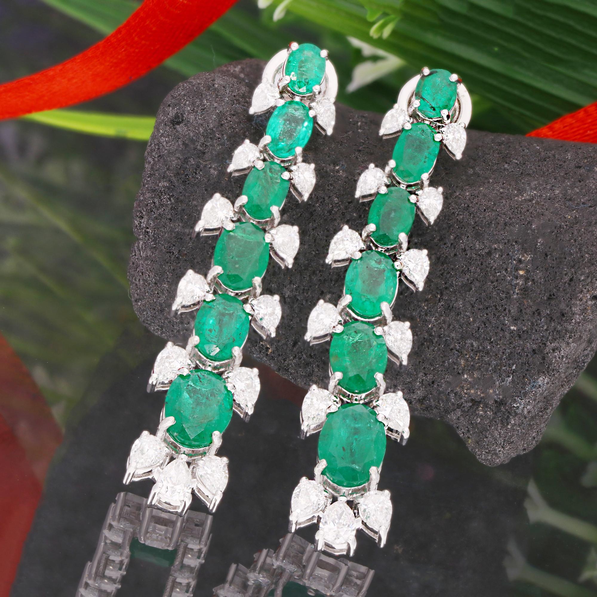 Modern Oval Natural Emerald Gemstone Dangle Earrings Pear Diamond 18 Karat White Gold For Sale