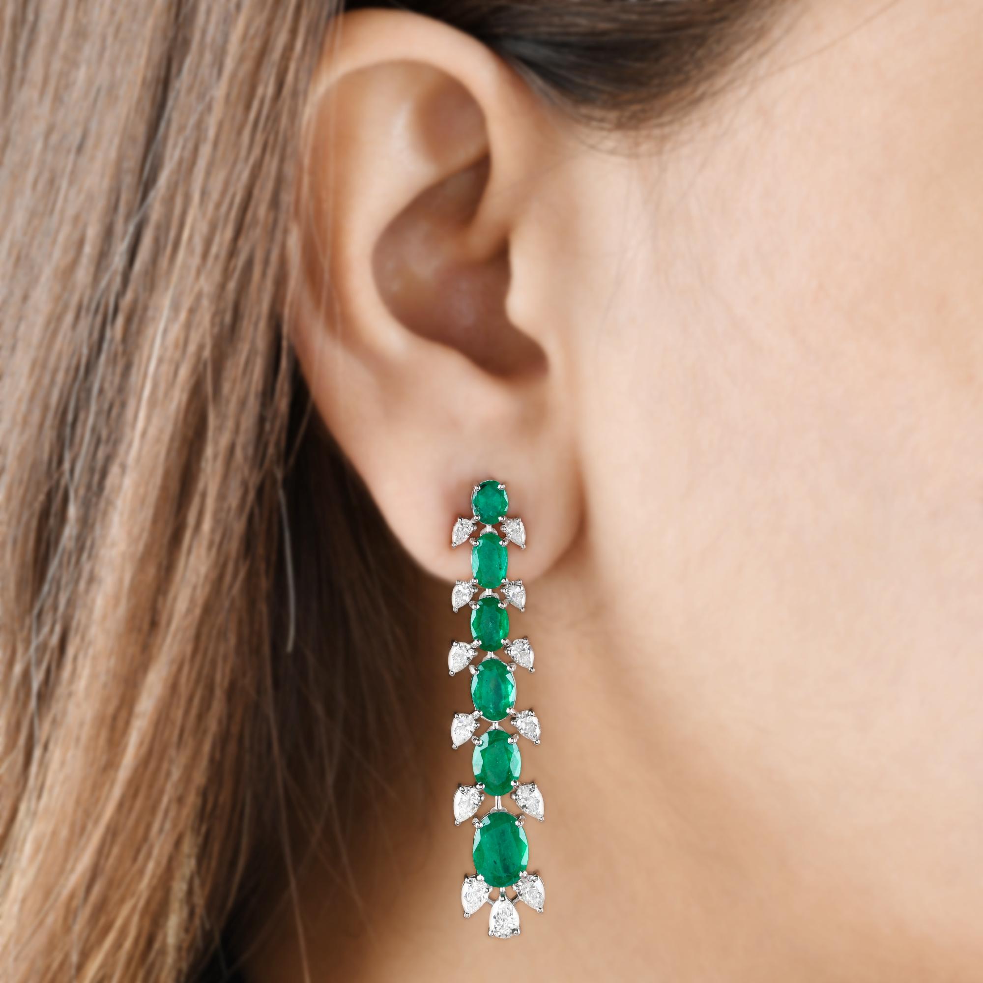 Oval Cut Oval Natural Emerald Gemstone Dangle Earrings Pear Diamond 18 Karat White Gold For Sale