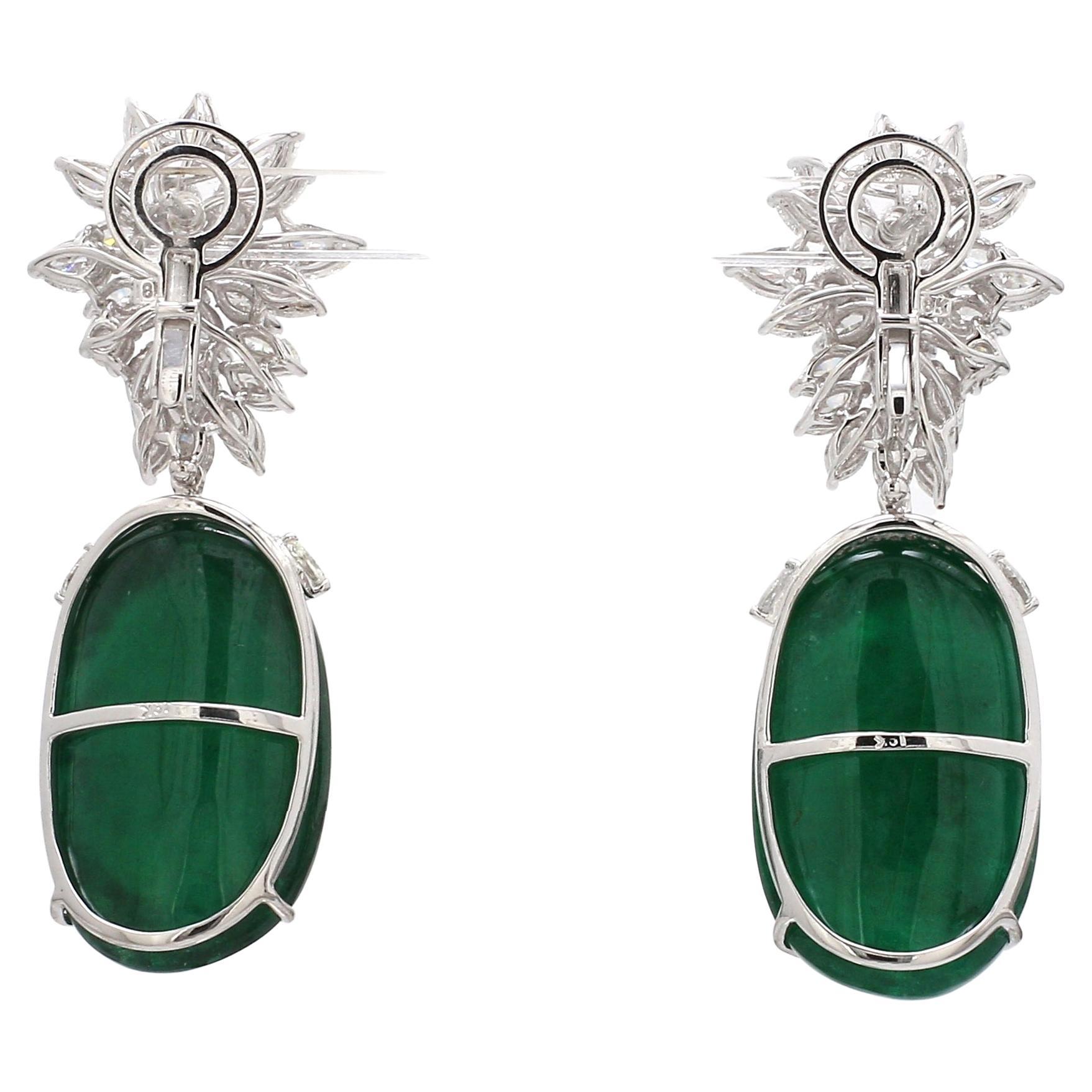 Modern Oval Natural Emerald Gemstone Earrings 18 Karat White Gold SI/HI Diamond Jewelry For Sale