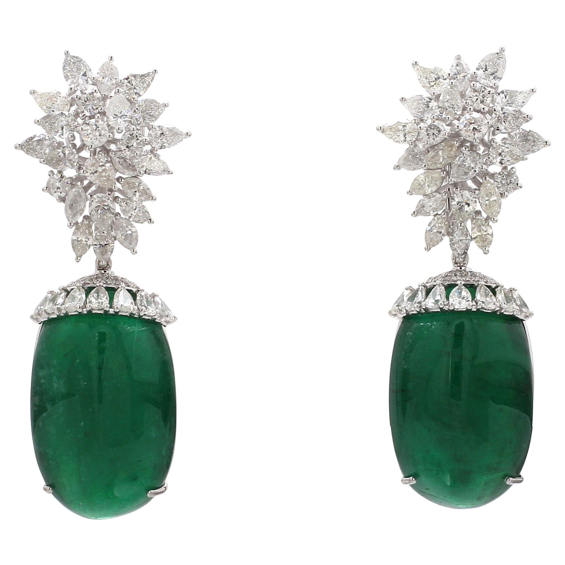 Oval Natural Emerald Gemstone Earrings 18 Karat White Gold SI/HI Diamond Jewelry For Sale