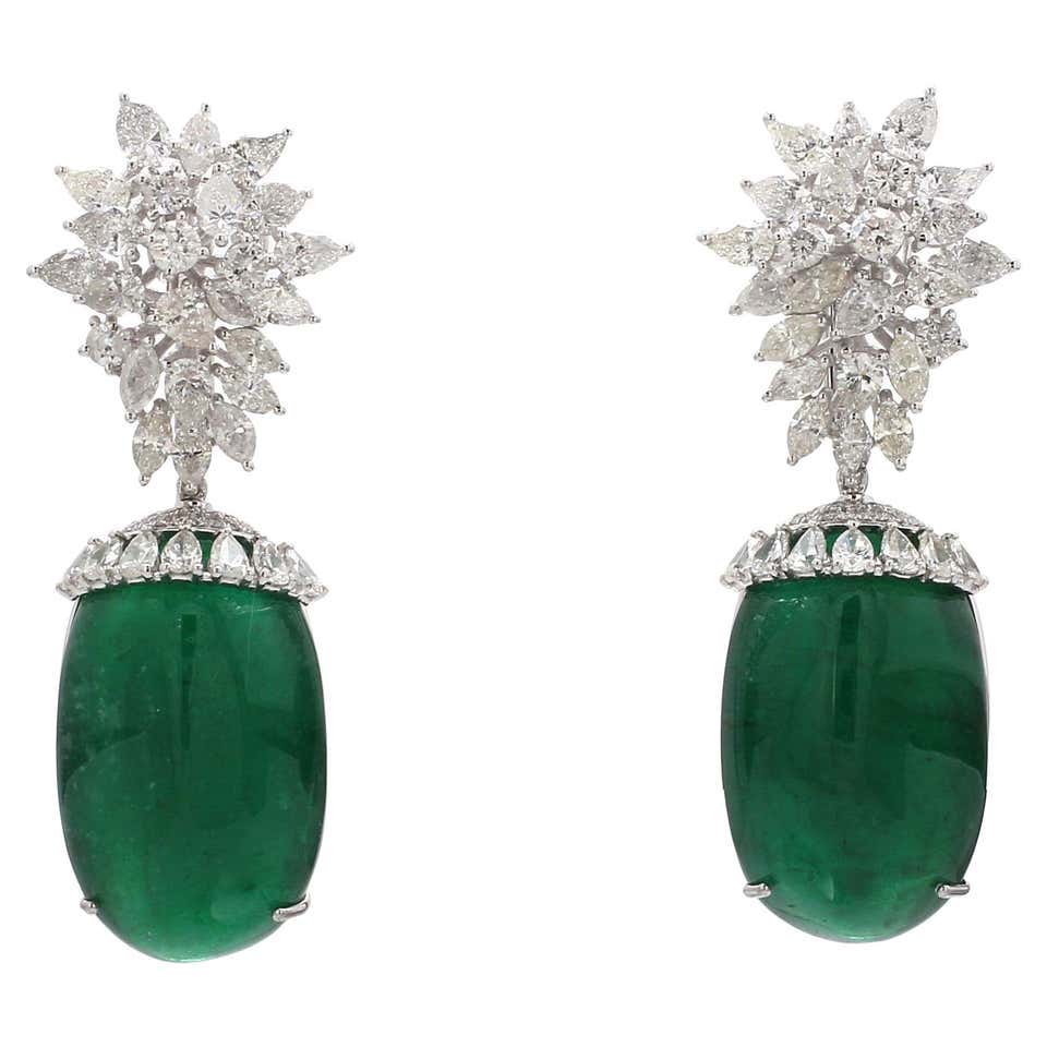 Green Gemstone Dangle Earrings SI HI Diamond 18 Karat White Gold Fine green-gemstone-dangle-earrings-si-hi-diamond-18-karat-white-gold-fine