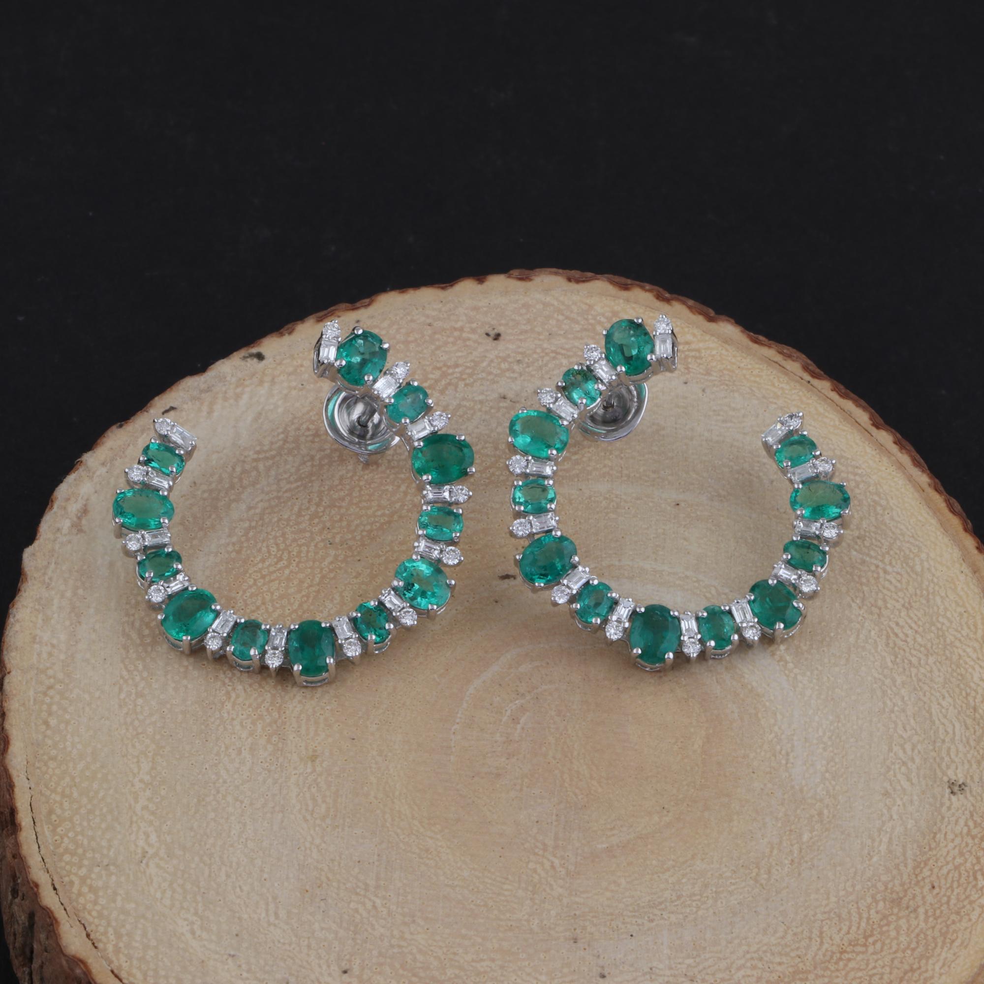 Modern Oval Natural Emerald Gemstone Earrings Diamond 18 Karat White Gold Fine Jewelry For Sale