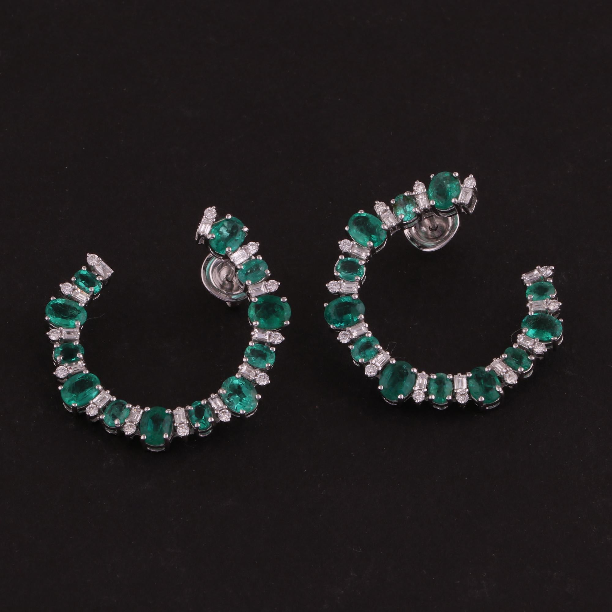 Oval Cut Oval Natural Emerald Gemstone Earrings Diamond 18 Karat White Gold Fine Jewelry For Sale