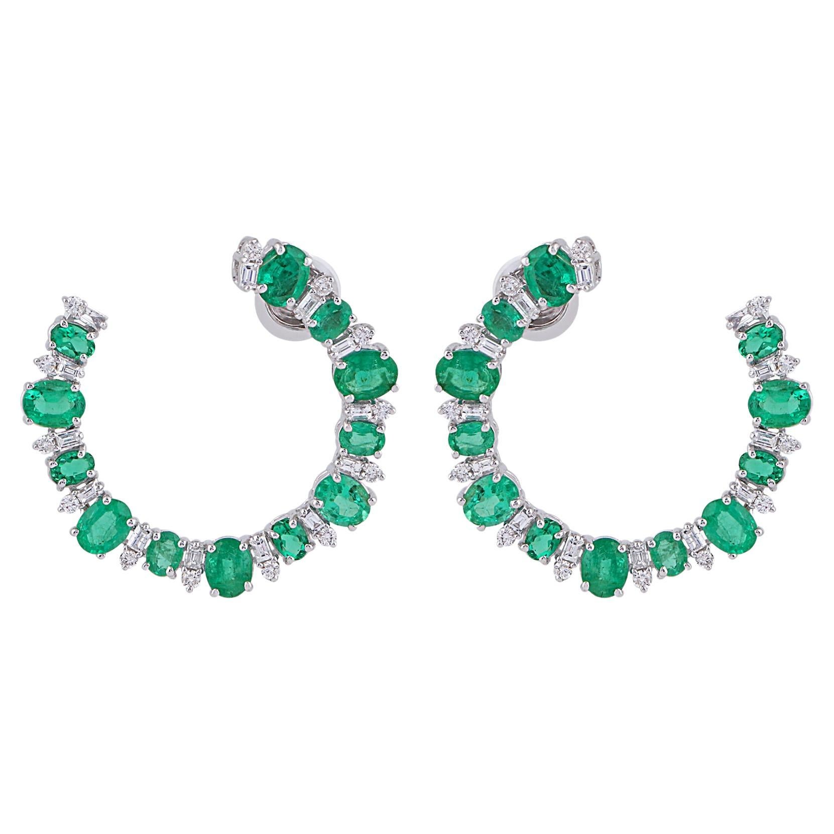 Oval Natural Emerald Gemstone Earrings Diamond 18 Karat White Gold Fine