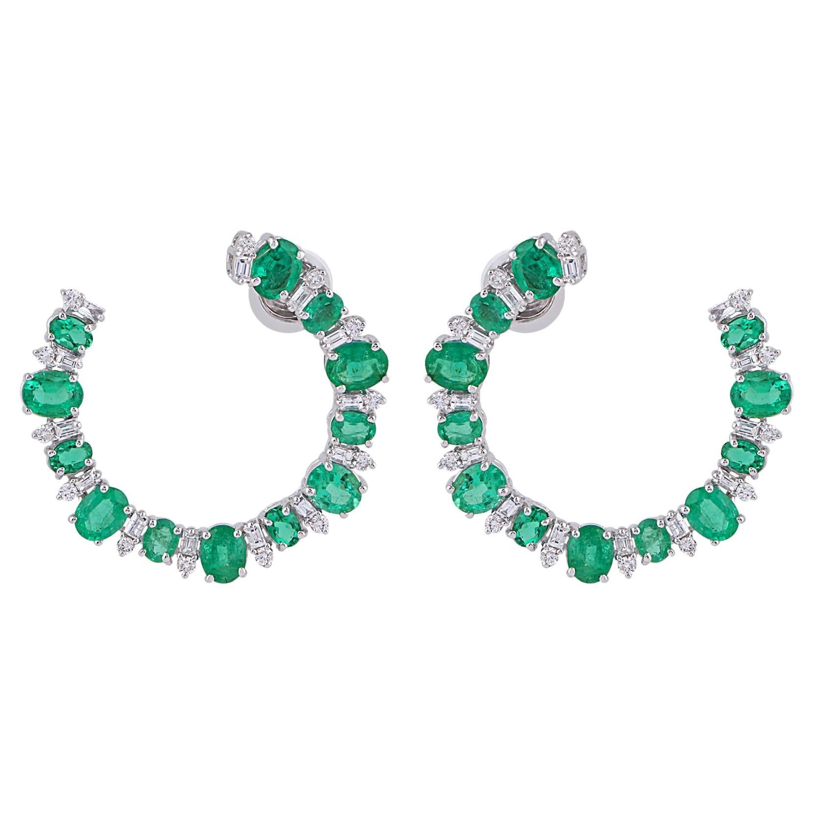 Oval Natural Emerald Gemstone Earrings Diamond 18 Karat White Gold Fine Jewelry