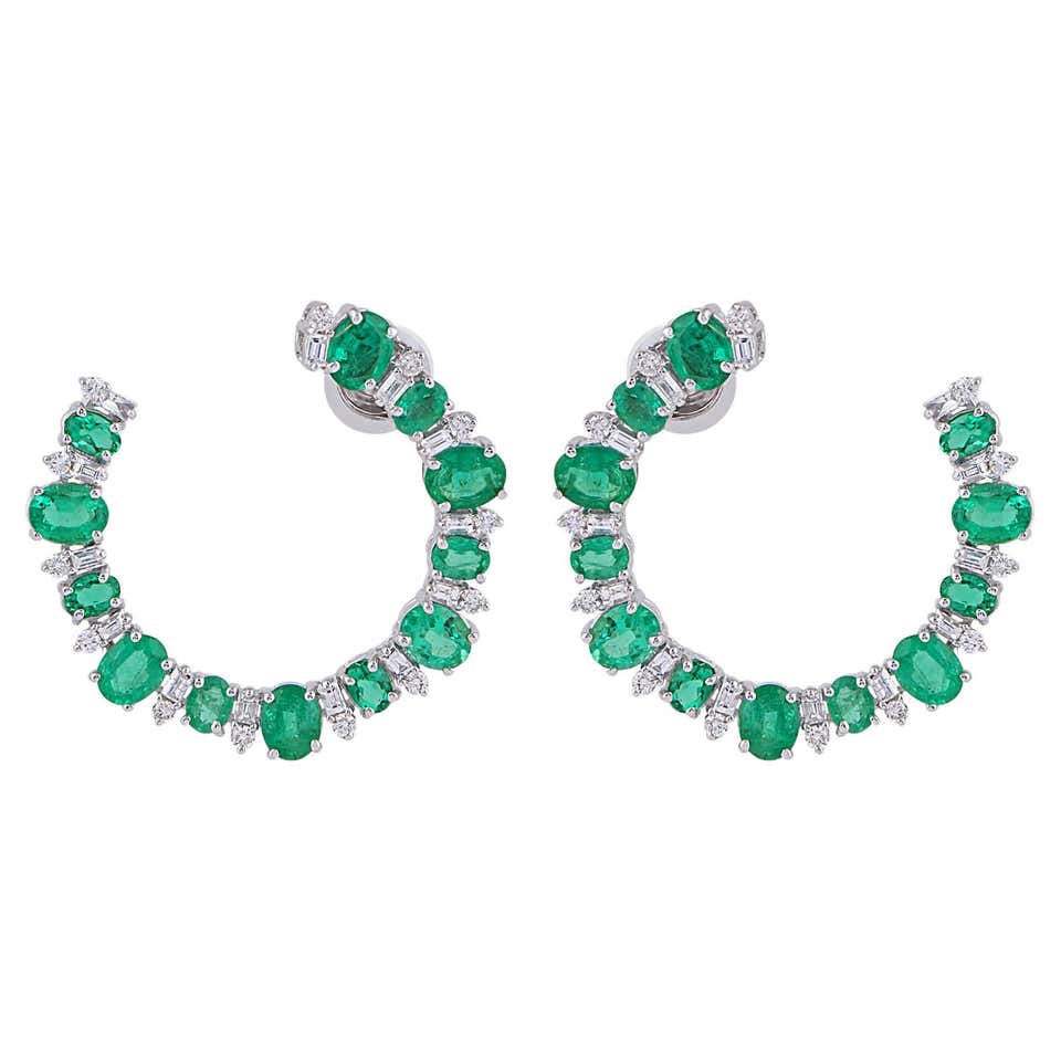 Oval Natural Emerald Gemstone Earrings Diamond 18 Karat White Gold Fine oval-natural-emerald-gemstone-earrings-diamond-18-karat-white-gold-fine