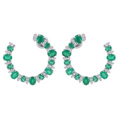 Oval Natural Emerald Gemstone Earrings Diamond 18 Karat White Gold Fine Jewelry