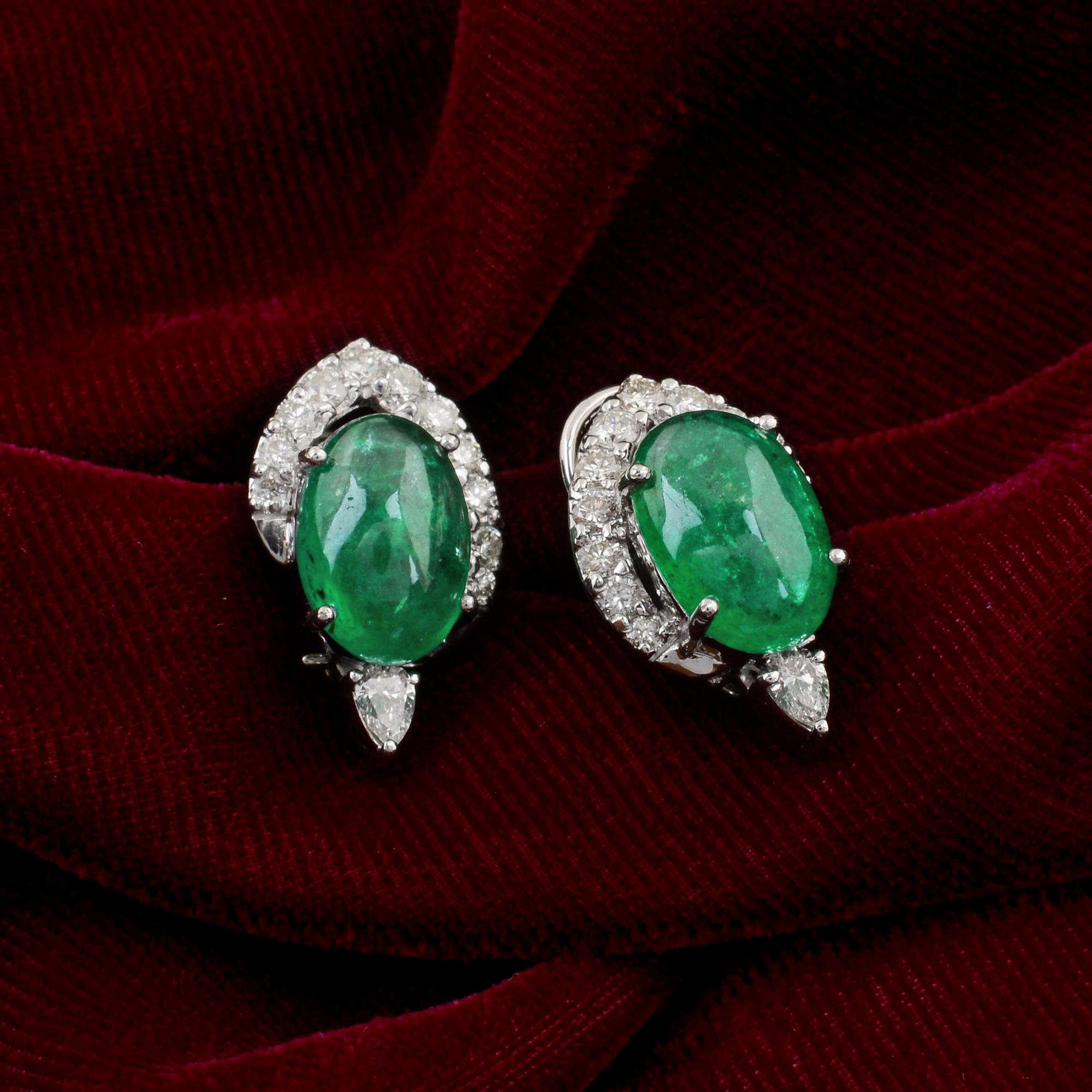 Modern Oval Natural Emerald Gemstone Earrings Diamond 18 Karat White Gold Jewelry For Sale