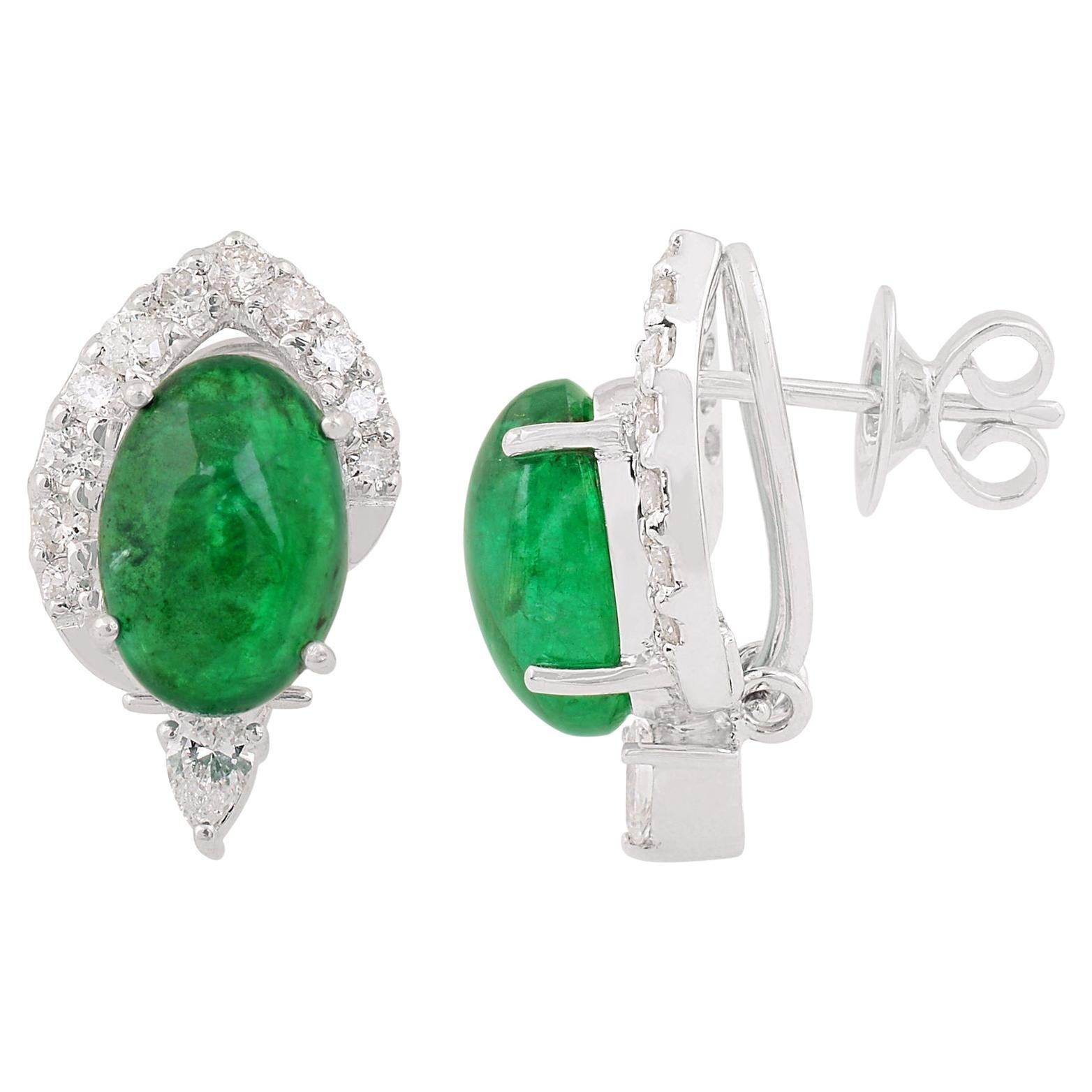 Oval Natural Emerald Gemstone Earrings Diamond 18 Karat White Gold Jewelry
