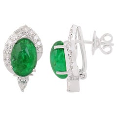 Oval Zambian Emerald Gemstone Earrings Diamond 18 Karat White Gold Jewelry