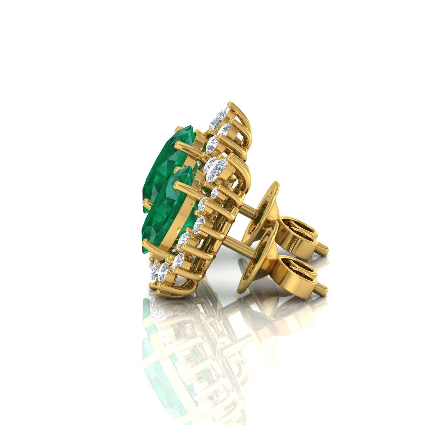 Modern Oval Zambian Emerald Gemstone Earrings Diamond 18 Karat Yellow Gold Fine Jewelry For Sale