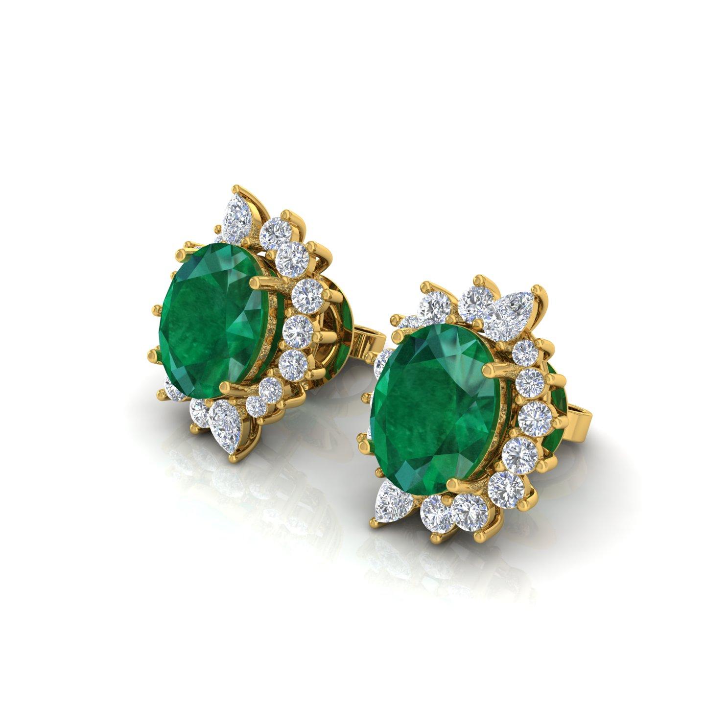 Oval Cut Oval Zambian Emerald Gemstone Earrings Diamond 18 Karat Yellow Gold Fine Jewelry For Sale