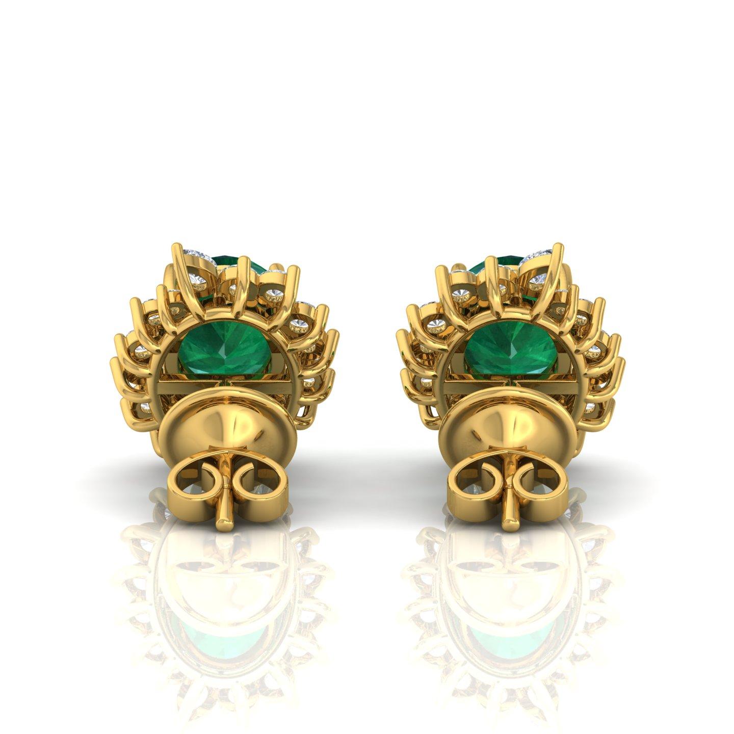 Women's Oval Zambian Emerald Gemstone Earrings Diamond 18 Karat Yellow Gold Fine Jewelry For Sale