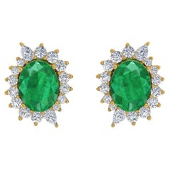 Oval Zambian Emerald Gemstone Earrings Diamond 18 Karat Yellow Gold Fine Jewelry