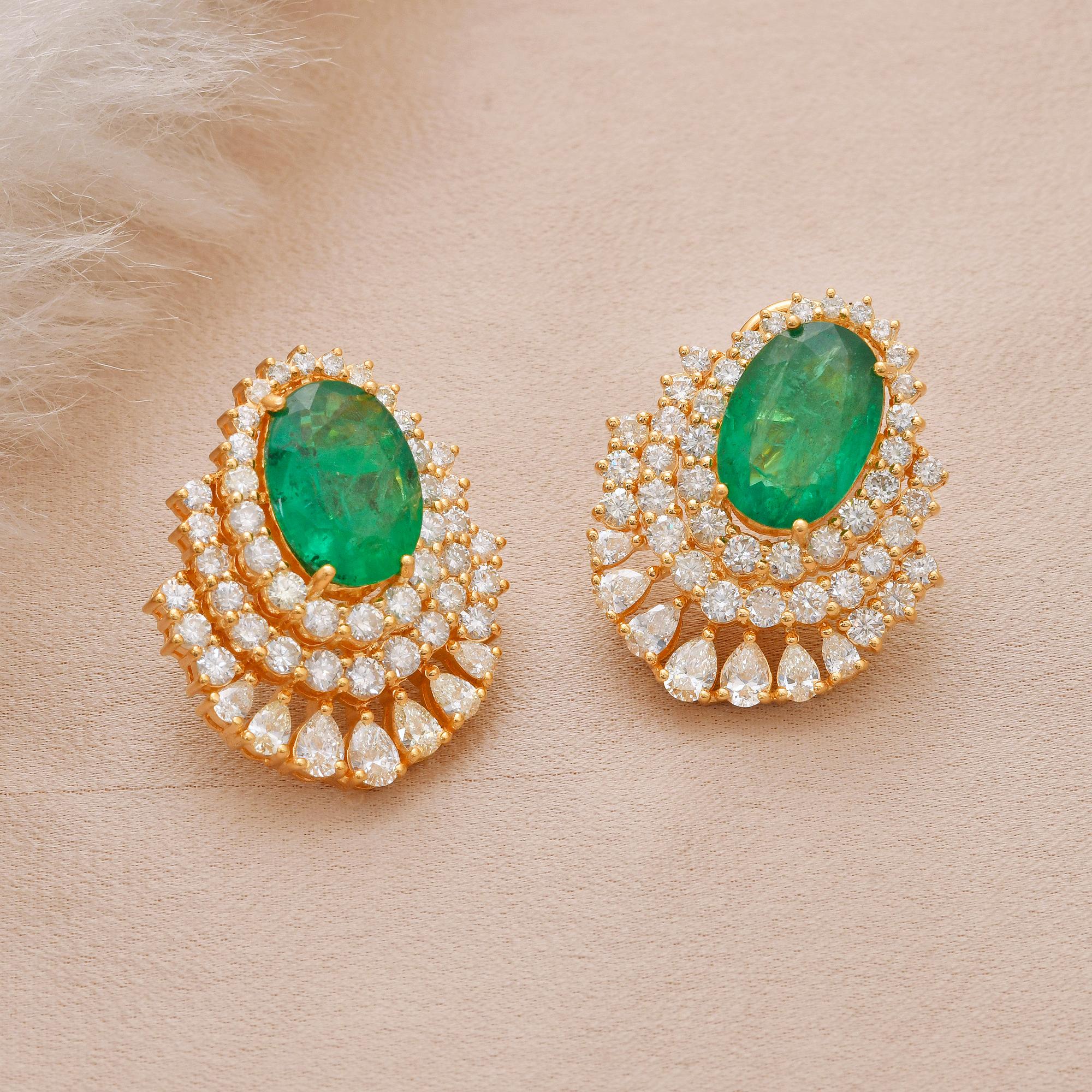 Modern Oval Zambian Emerald Gemstone Earrings Pear Diamond 14k Yellow Gold Fine Jewelry For Sale