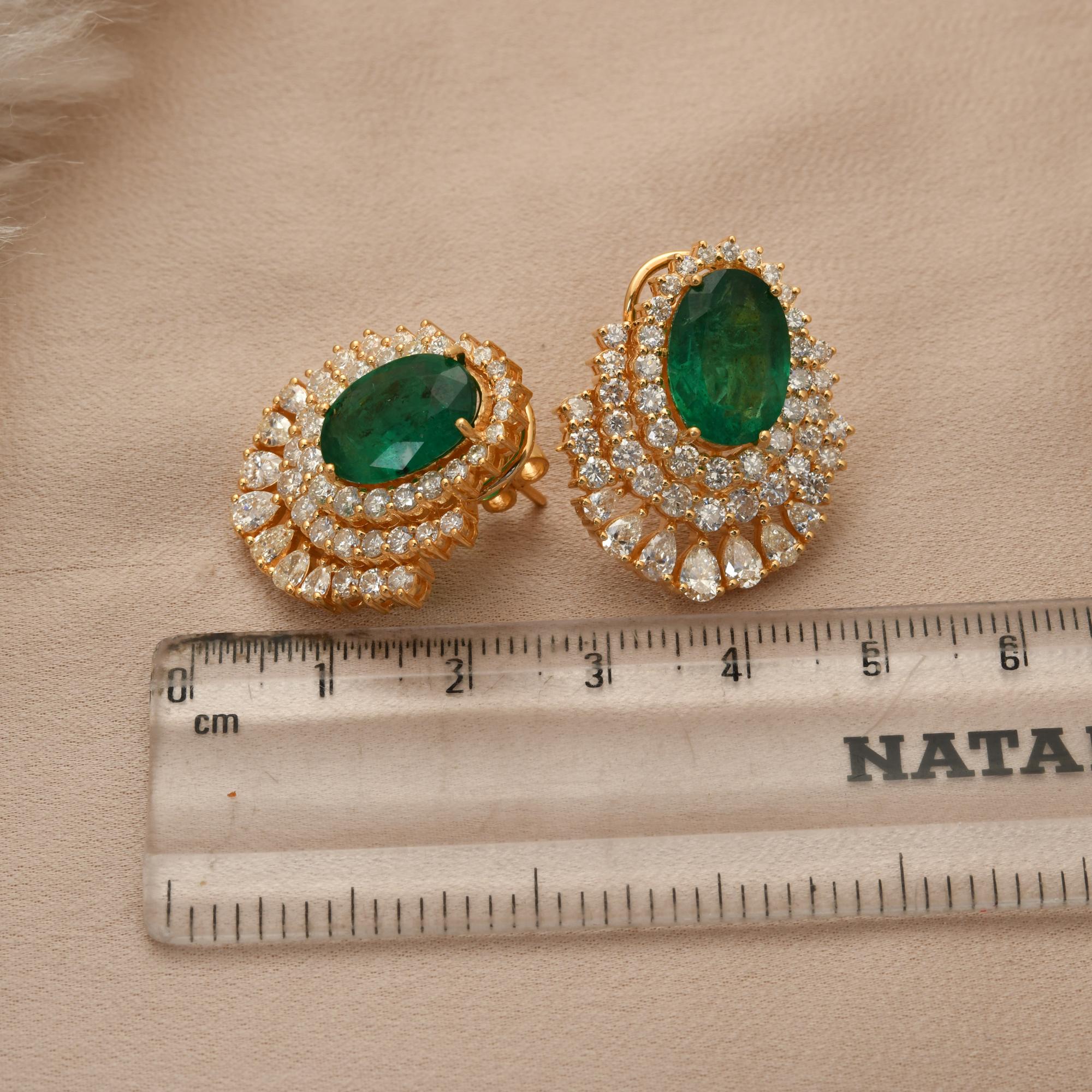 Pear Cut Oval Zambian Emerald Gemstone Earrings Pear Diamond 14k Yellow Gold Fine Jewelry For Sale
