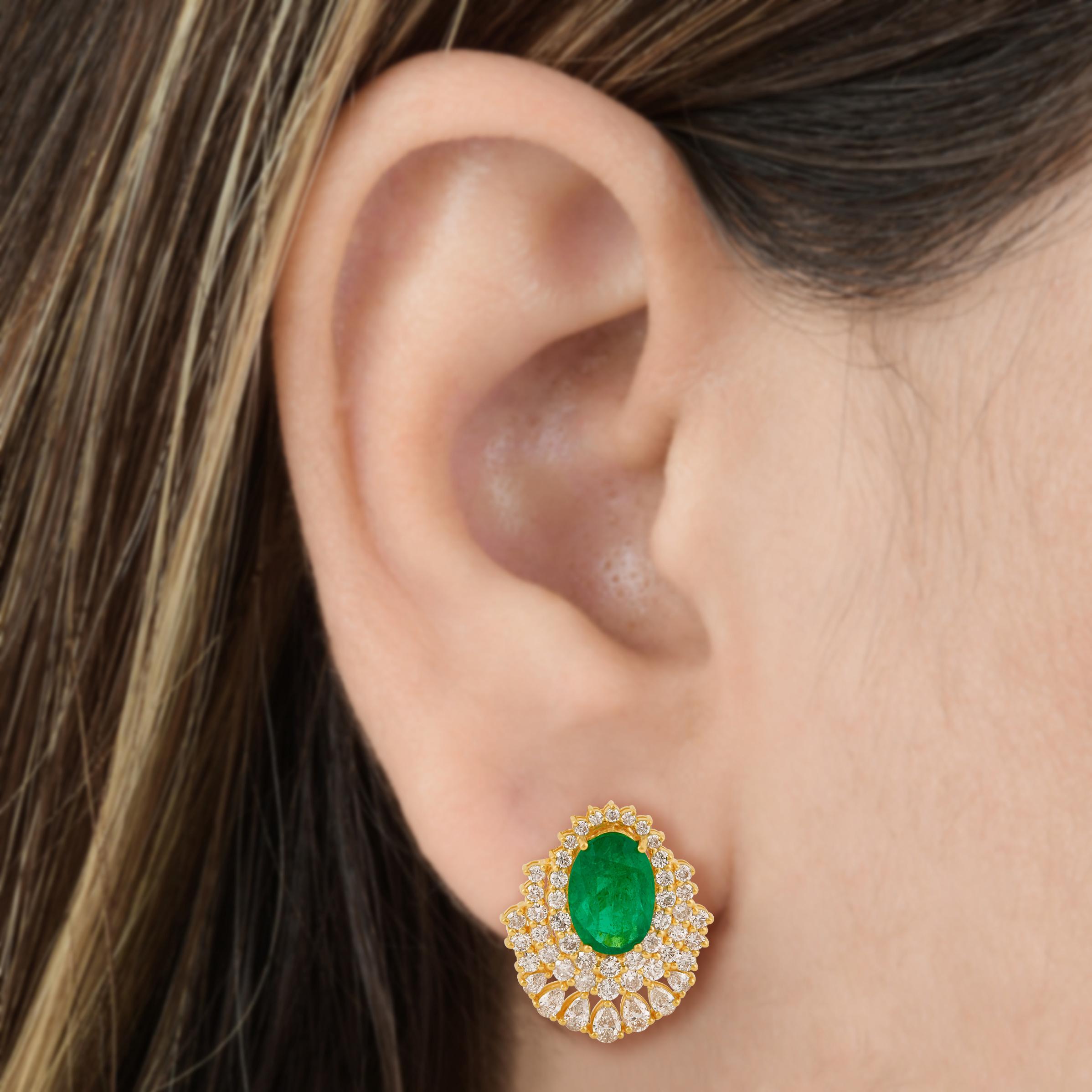 Women's Oval Zambian Emerald Gemstone Earrings Pear Diamond 14k Yellow Gold Fine Jewelry For Sale