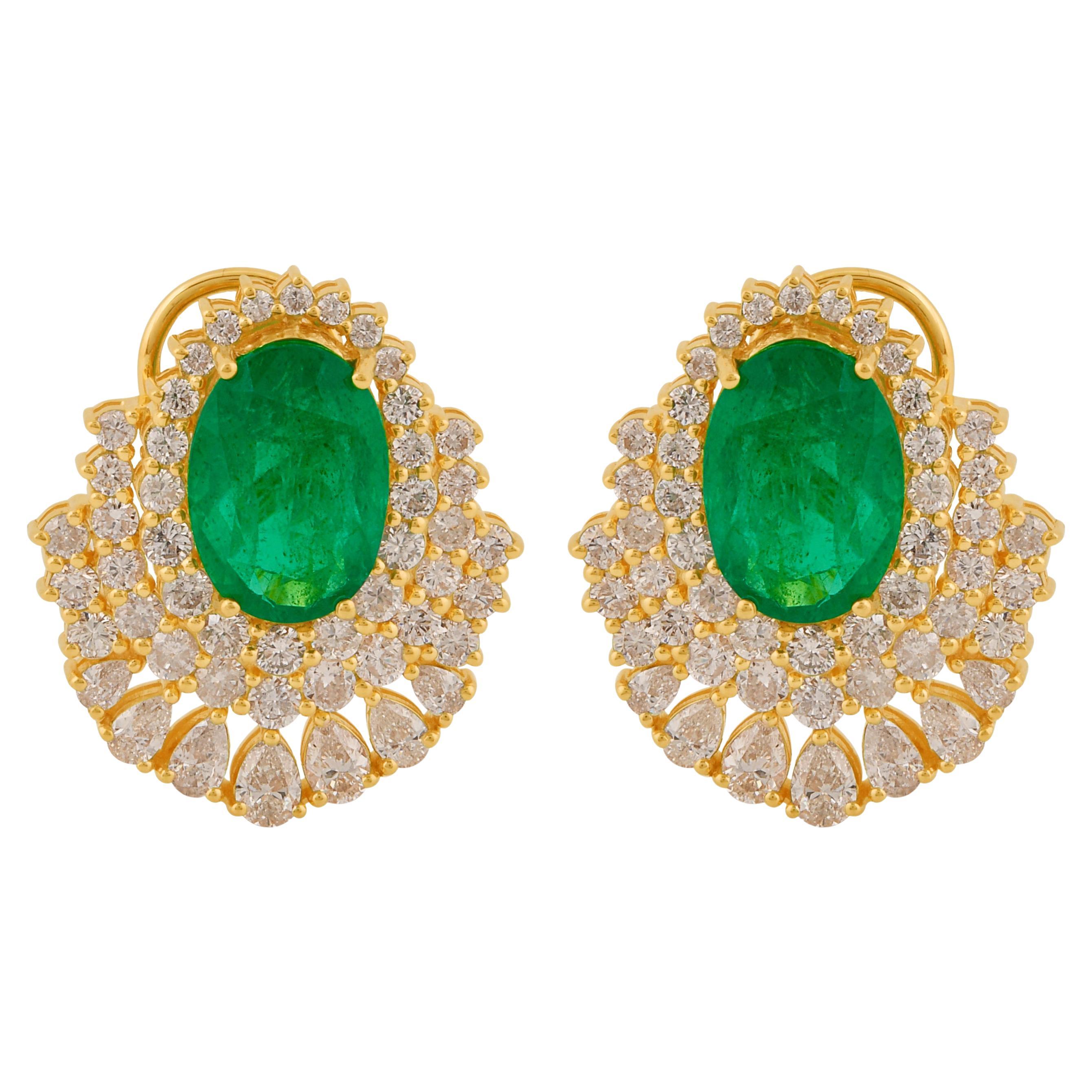 Oval Zambian Emerald Gemstone Earrings Pear Diamond 14k Yellow Gold Fine Jewelry