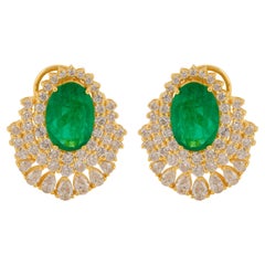 Oval Zambian Emerald Gemstone Earrings Pear Diamond 14k Yellow Gold Fine Jewelry