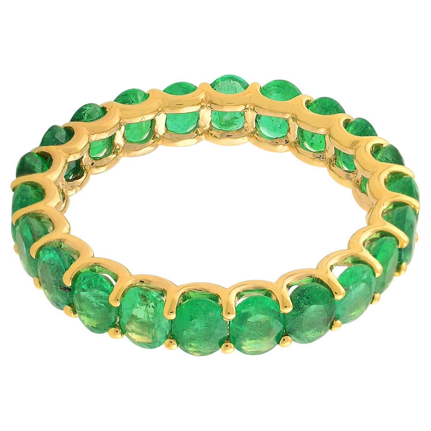 Oval Natural Emerald Gemstone Eternity Band Ring 14 Karat Yellow Gold Jewelry