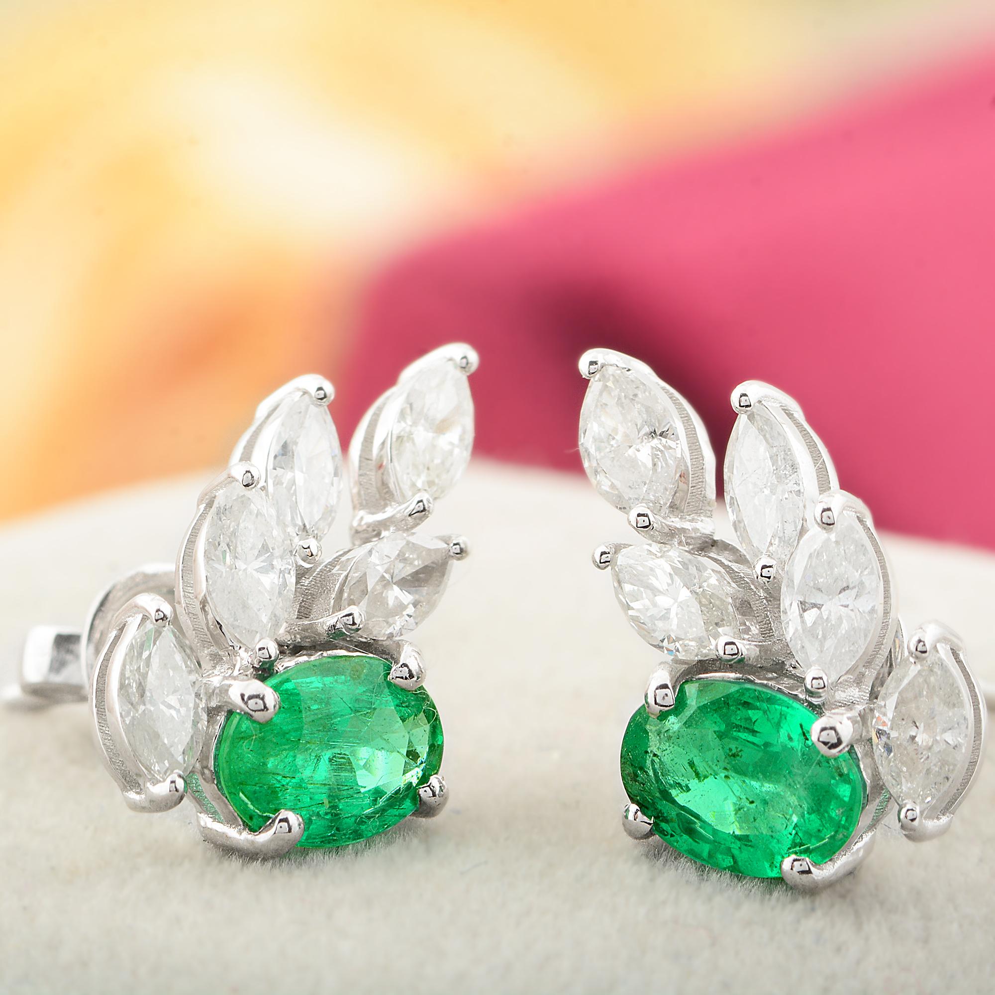 Modern Oval Natural Emerald Gemstone Fine Earrings Marquise Diamond 10 Karat White Gold For Sale