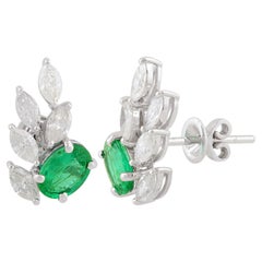 Oval Zambian Emerald Gemstone Fine Earrings Marquise Diamond 10 Karat White Gold