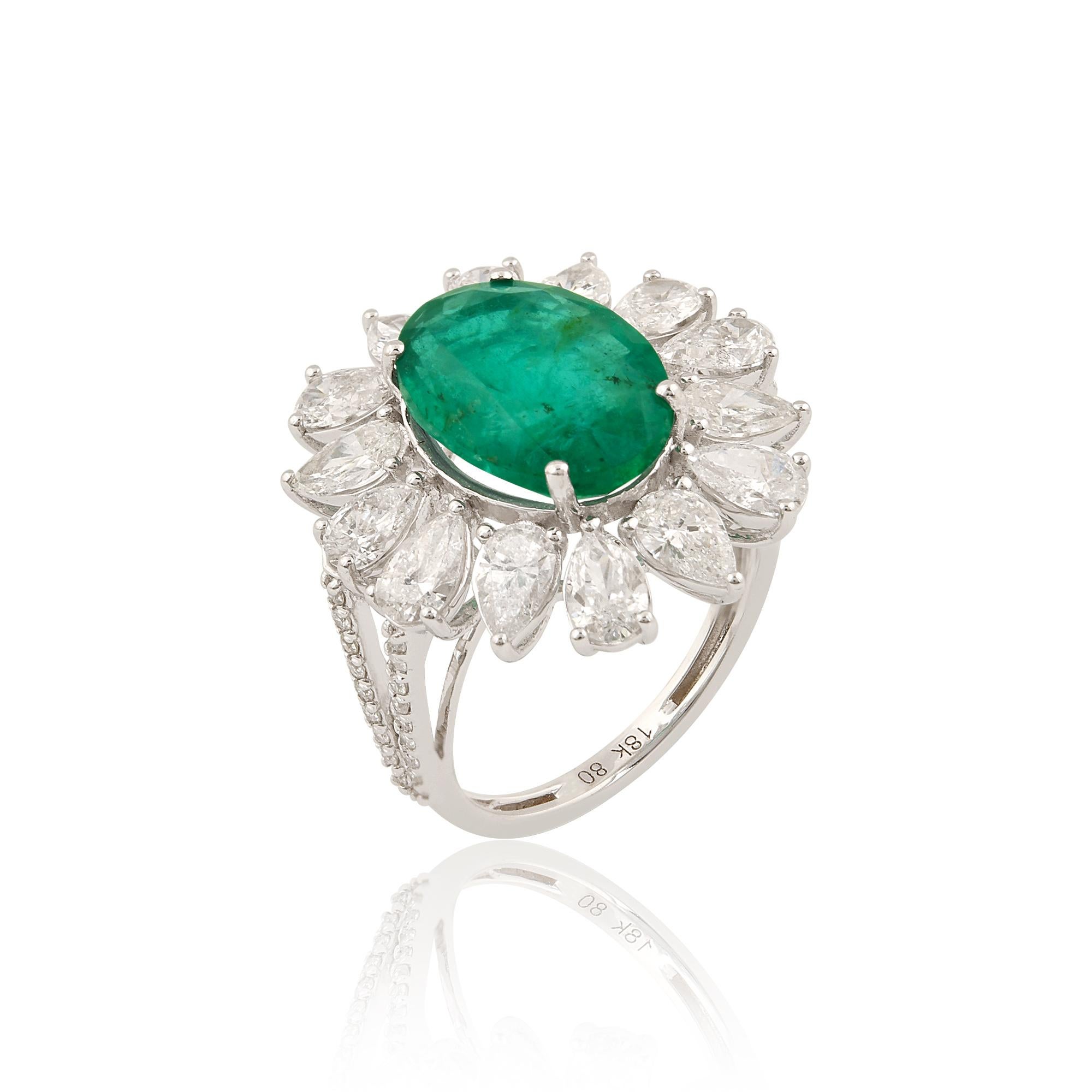 For Sale:  Oval Natural Emerald Gemstone Flower Ring Pear Diamond 18k White Gold Jewelry 2