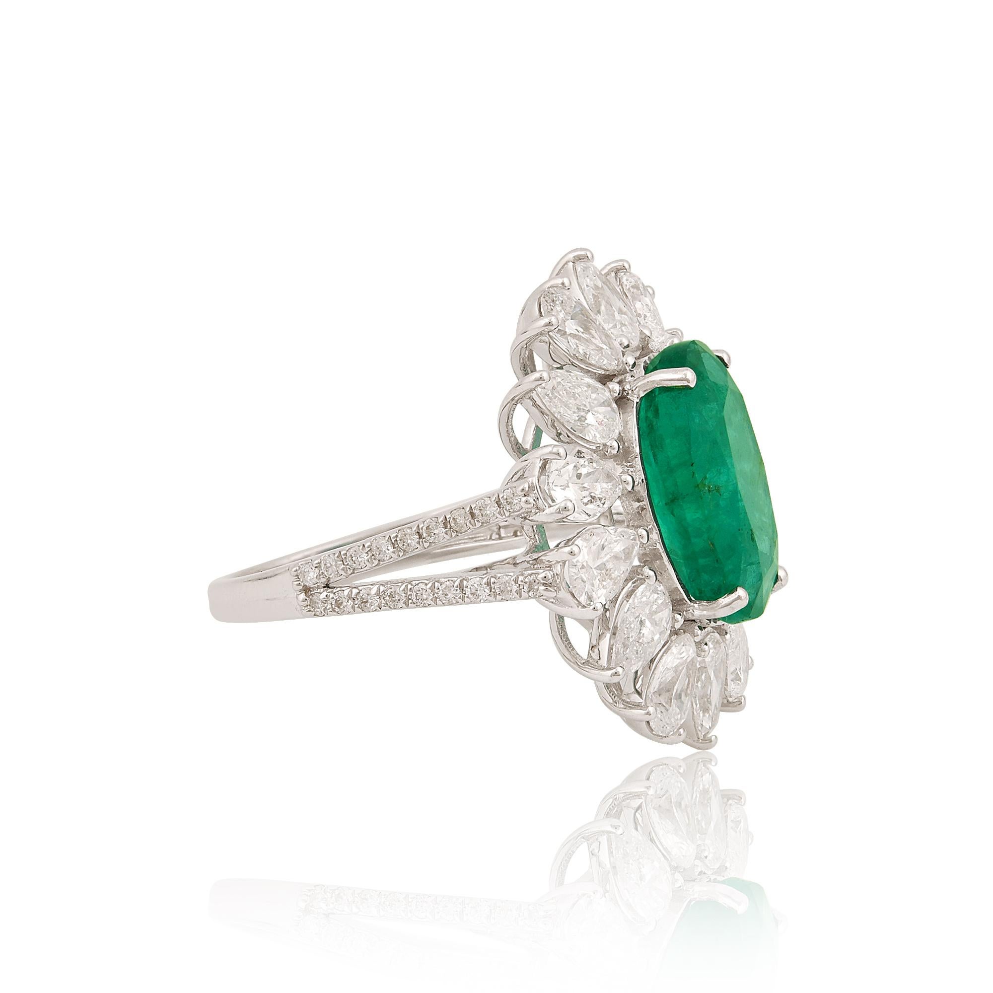 For Sale:  Oval Natural Emerald Gemstone Flower Ring Pear Diamond 18k White Gold Jewelry 4
