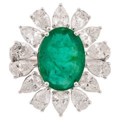 Oval Zambian Emerald Gemstone Flower Ring Pear Diamond 18k White Gold Jewelry