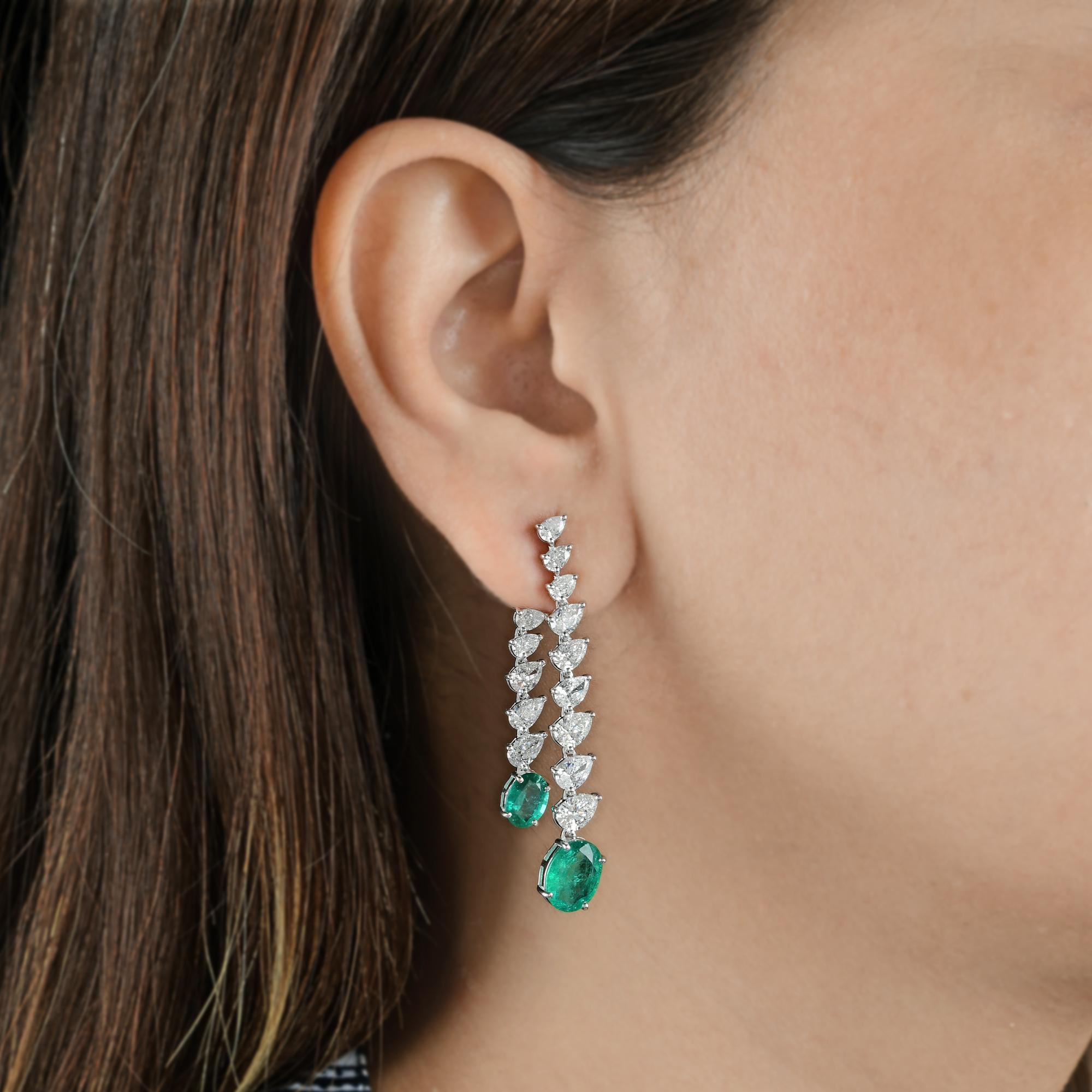 Oval Cut Oval Zambian Emerald Gemstone Jacket Earrings Diamond 14k White Gold Jewelry For Sale