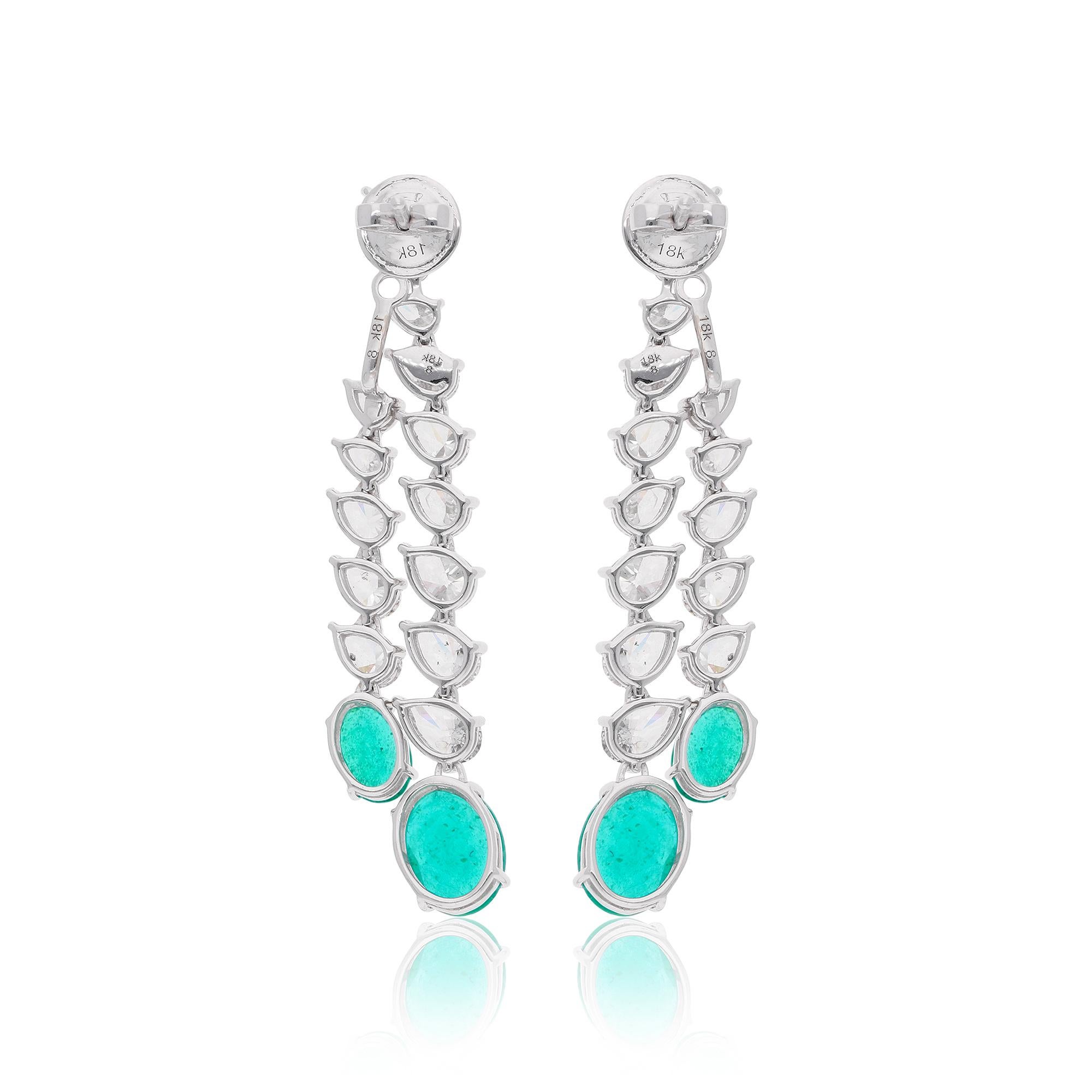 Oval Zambian Emerald Gemstone Jacket Earrings Diamond 14k White Gold Jewelry In New Condition For Sale In Diera, Dubai